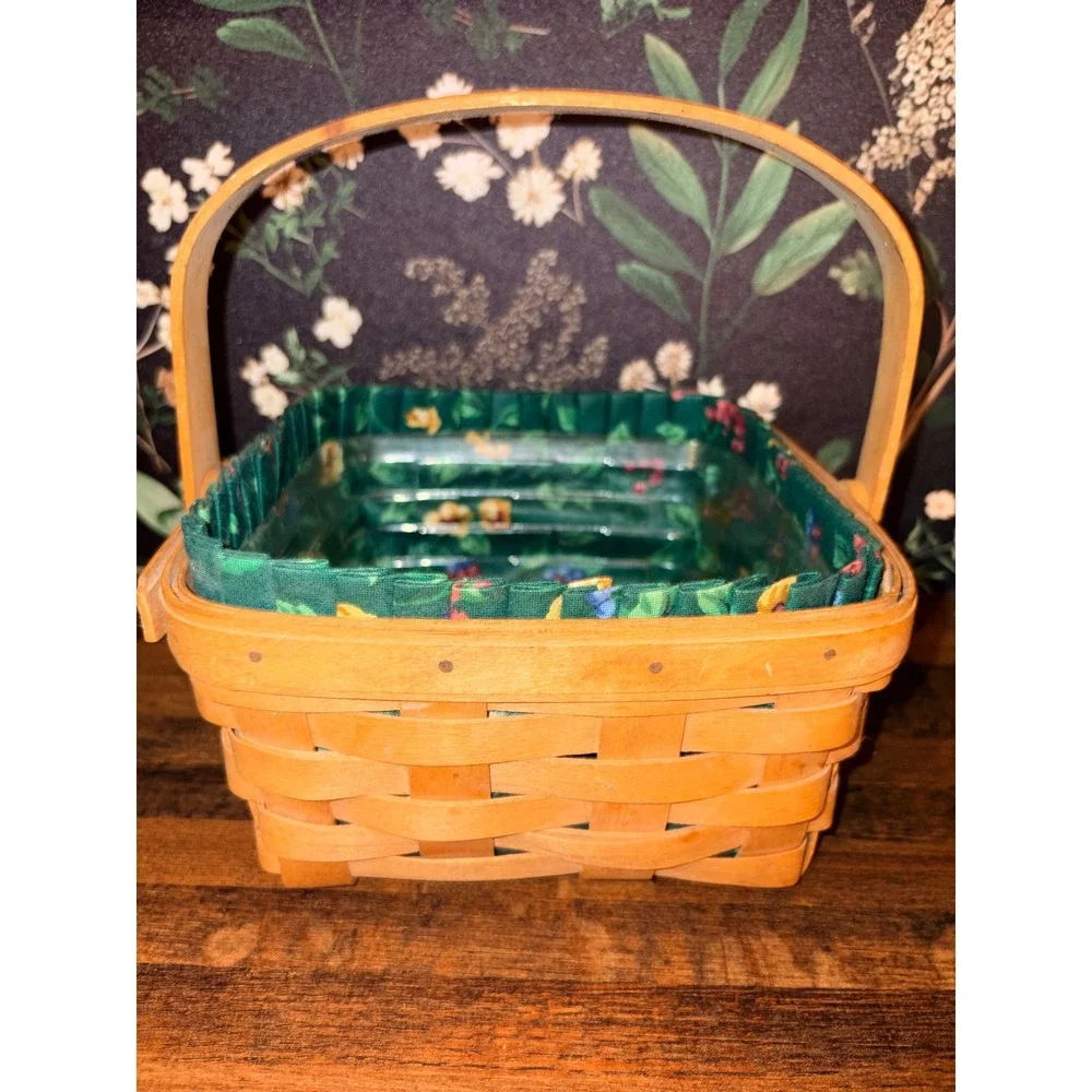 Longaberger 1994 Handwoven Basket with Floral Liner and Plastic Protector Small